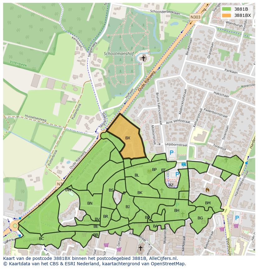 Afbeelding van het postcodegebied 3881 BX op de kaart.