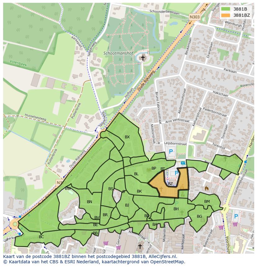 Afbeelding van het postcodegebied 3881 BZ op de kaart.
