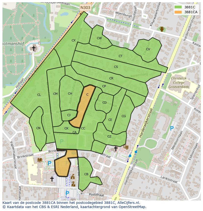 Afbeelding van het postcodegebied 3881 CA op de kaart.