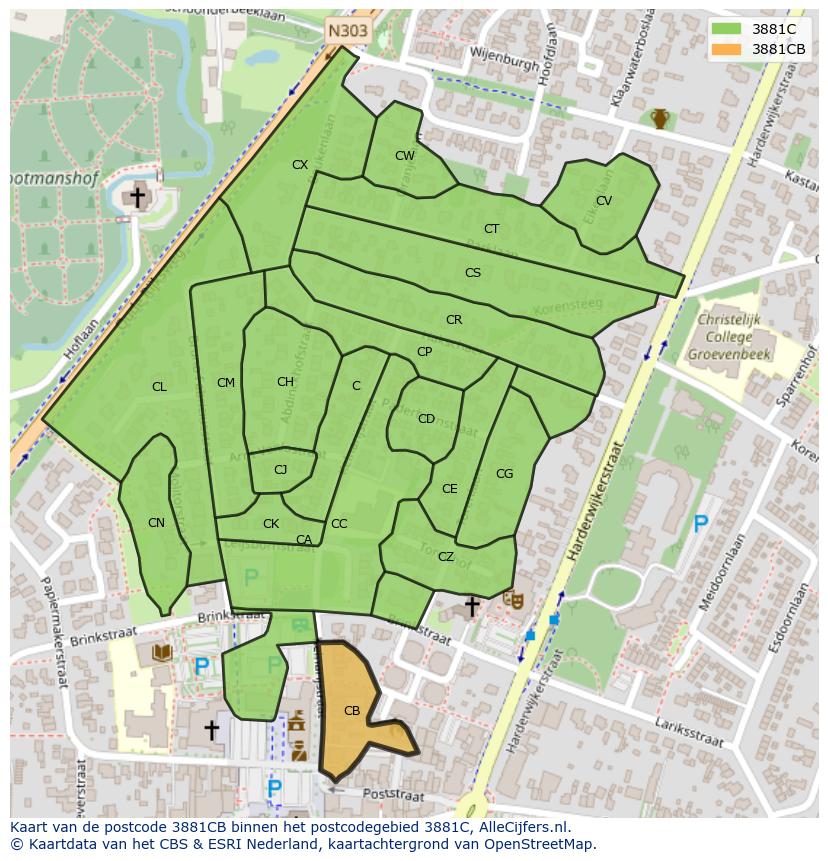 Afbeelding van het postcodegebied 3881 CB op de kaart.