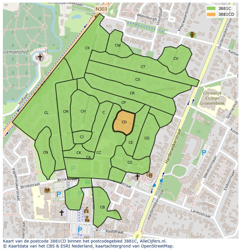Afbeelding van het postcodegebied 3881 CD op de kaart.