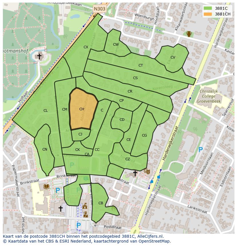 Afbeelding van het postcodegebied 3881 CH op de kaart.