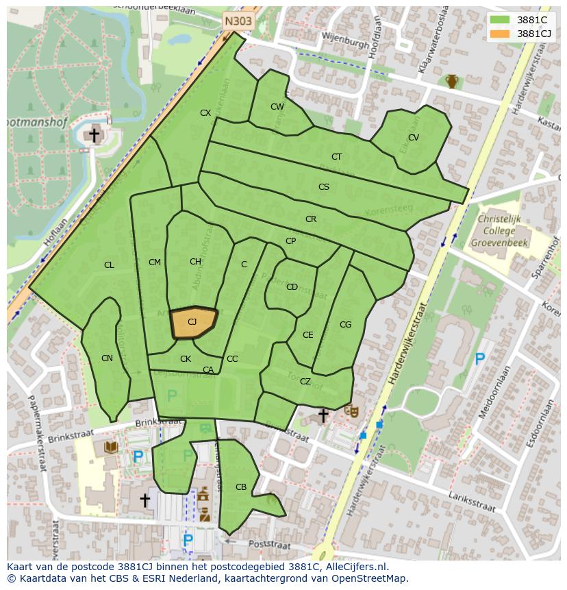Afbeelding van het postcodegebied 3881 CJ op de kaart.