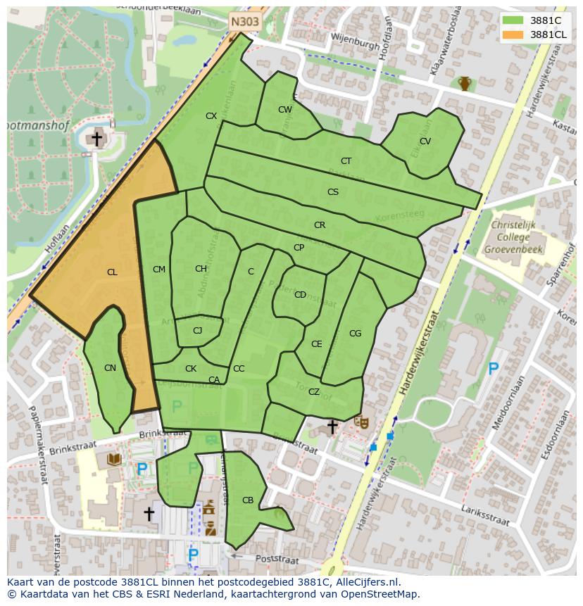 Afbeelding van het postcodegebied 3881 CL op de kaart.
