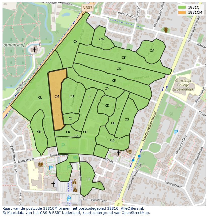 Afbeelding van het postcodegebied 3881 CM op de kaart.