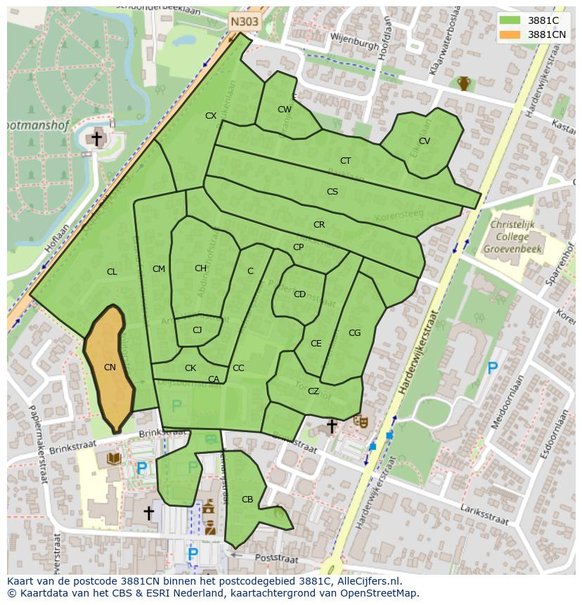 Afbeelding van het postcodegebied 3881 CN op de kaart.