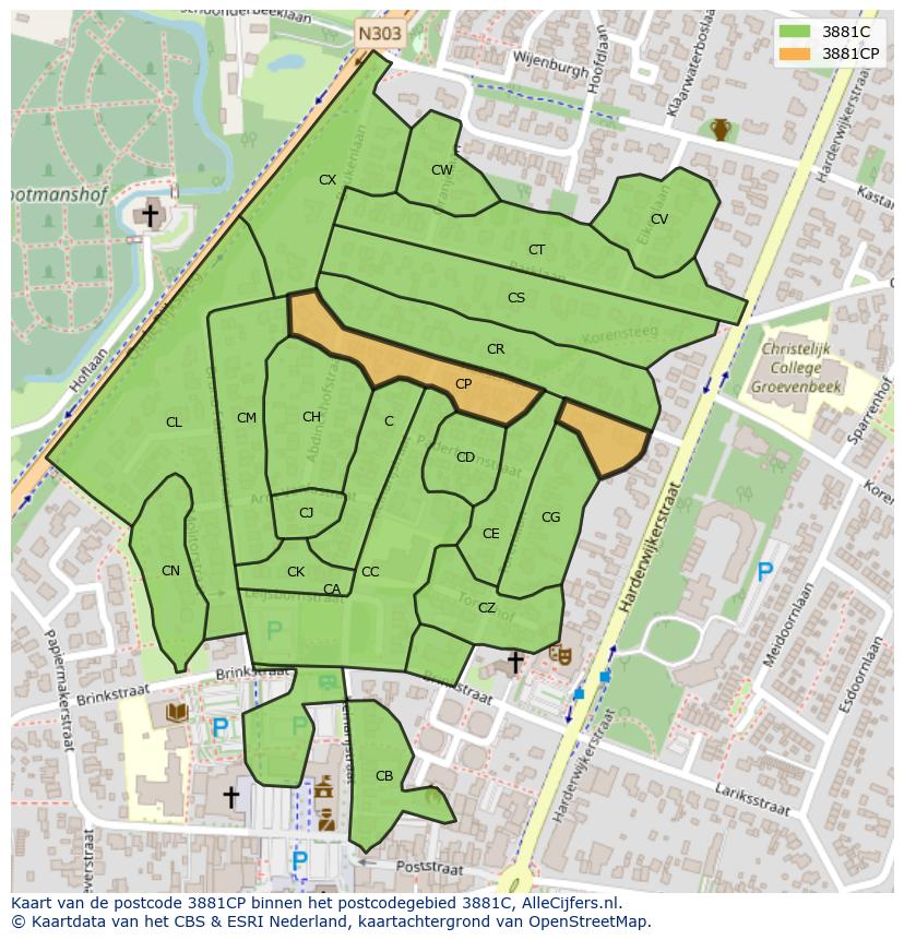 Afbeelding van het postcodegebied 3881 CP op de kaart.