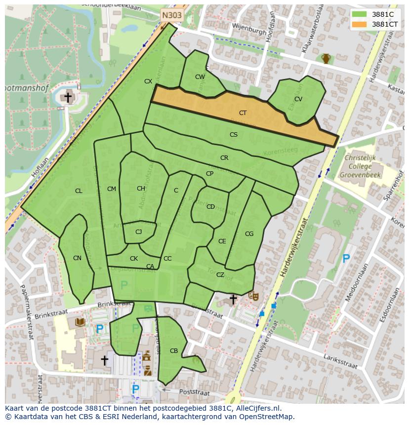 Afbeelding van het postcodegebied 3881 CT op de kaart.