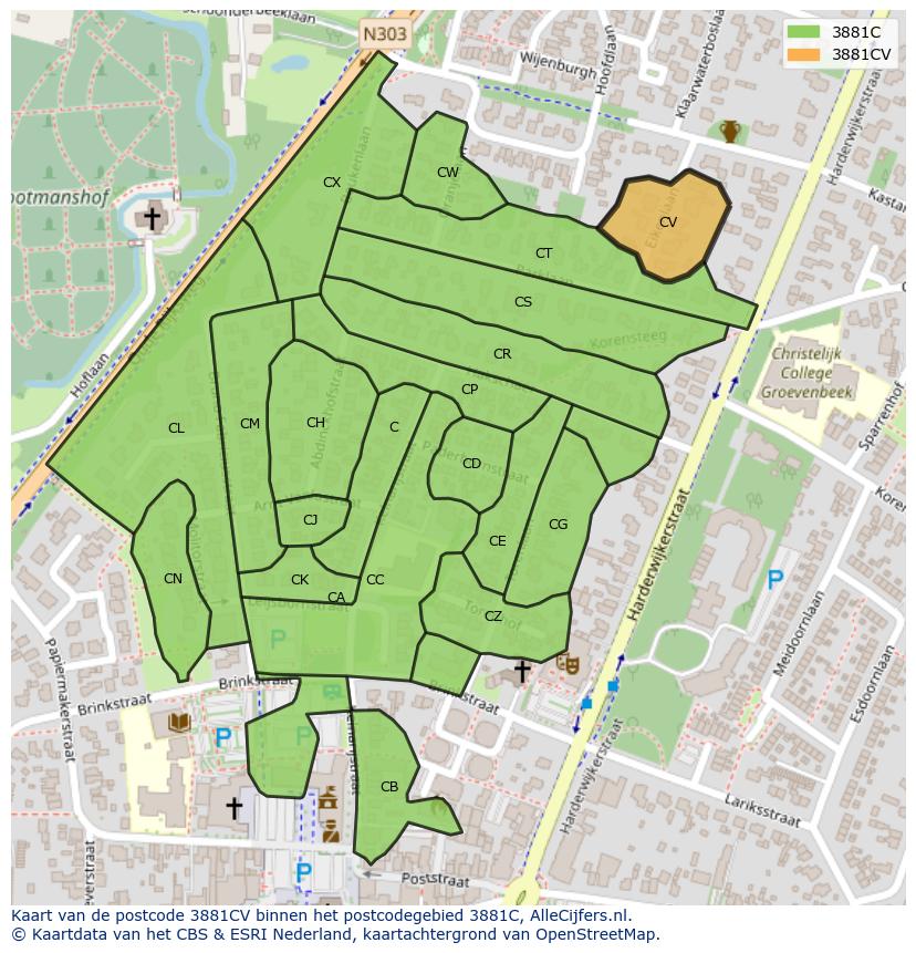 Afbeelding van het postcodegebied 3881 CV op de kaart.