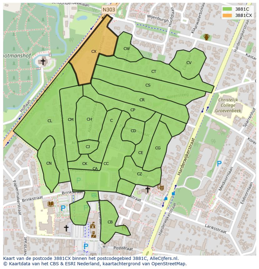 Afbeelding van het postcodegebied 3881 CX op de kaart.