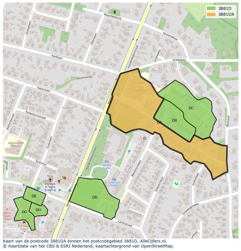 Afbeelding van het postcodegebied 3881 DA op de kaart.