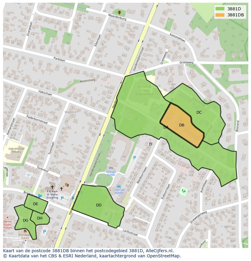 Afbeelding van het postcodegebied 3881 DB op de kaart.