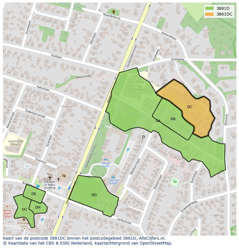 Afbeelding van het postcodegebied 3881 DC op de kaart.