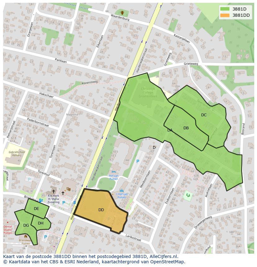 Afbeelding van het postcodegebied 3881 DD op de kaart.