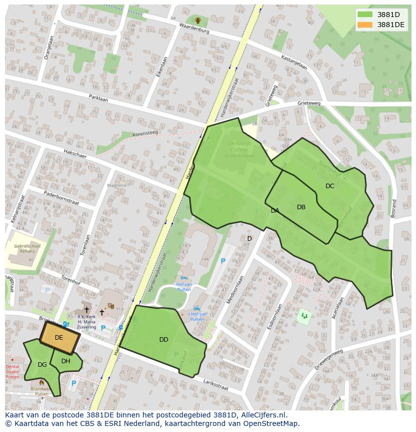 Afbeelding van het postcodegebied 3881 DE op de kaart.