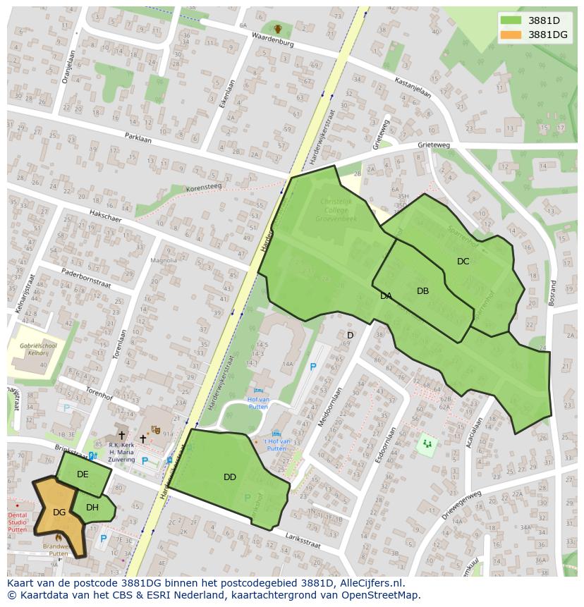 Afbeelding van het postcodegebied 3881 DG op de kaart.