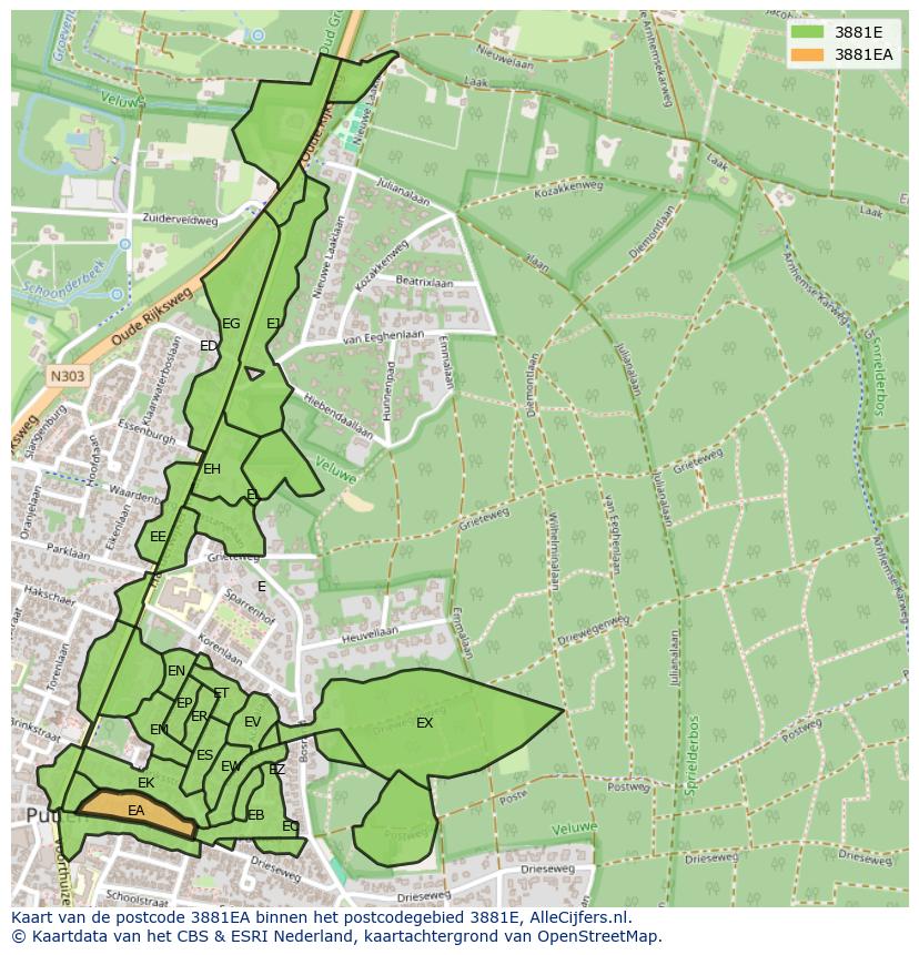 Afbeelding van het postcodegebied 3881 EA op de kaart.