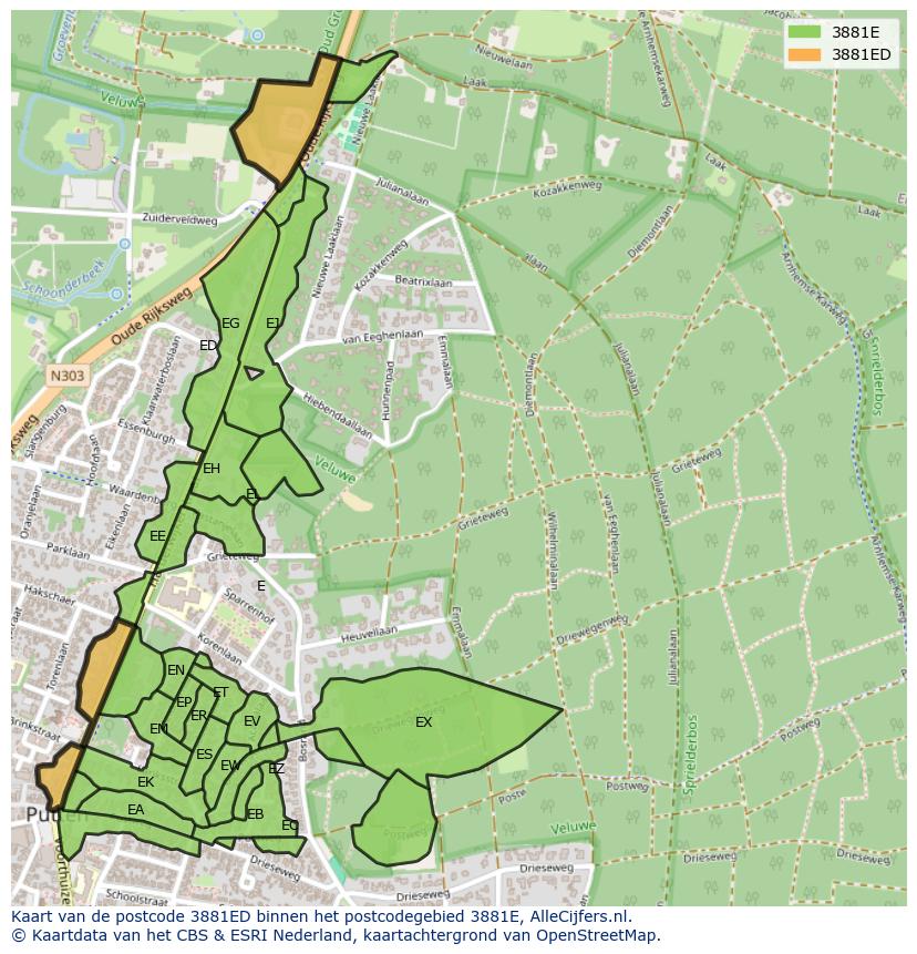Afbeelding van het postcodegebied 3881 ED op de kaart.
