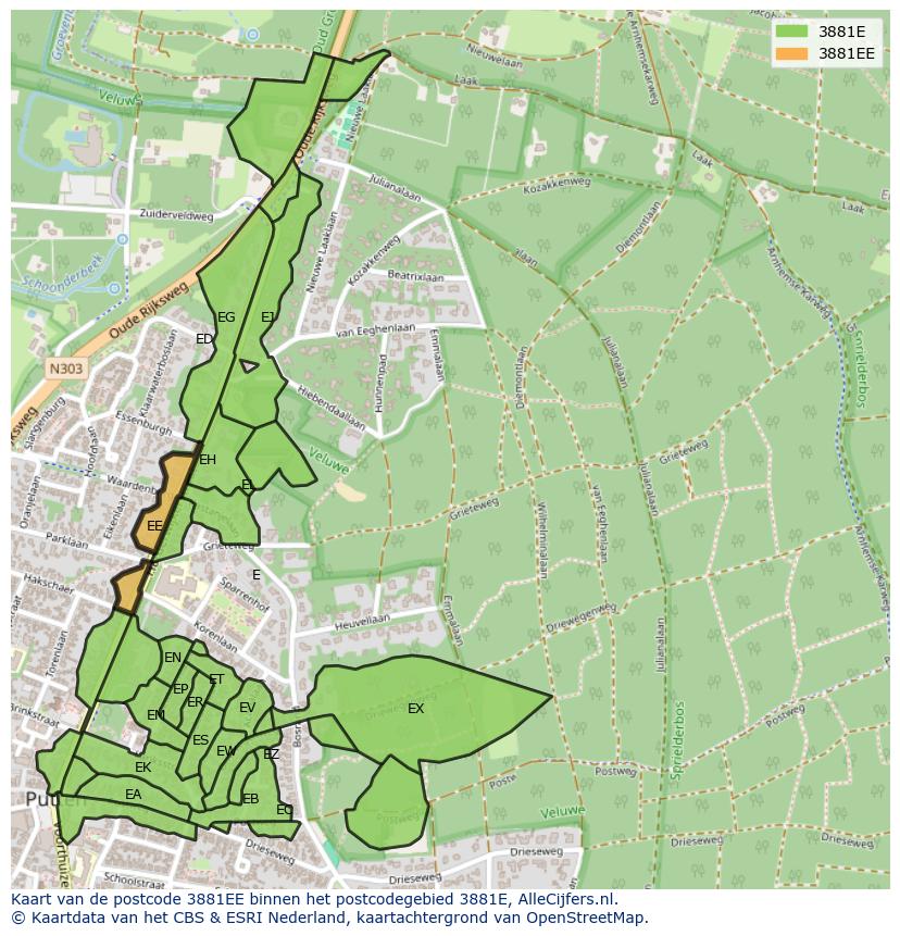 Afbeelding van het postcodegebied 3881 EE op de kaart.