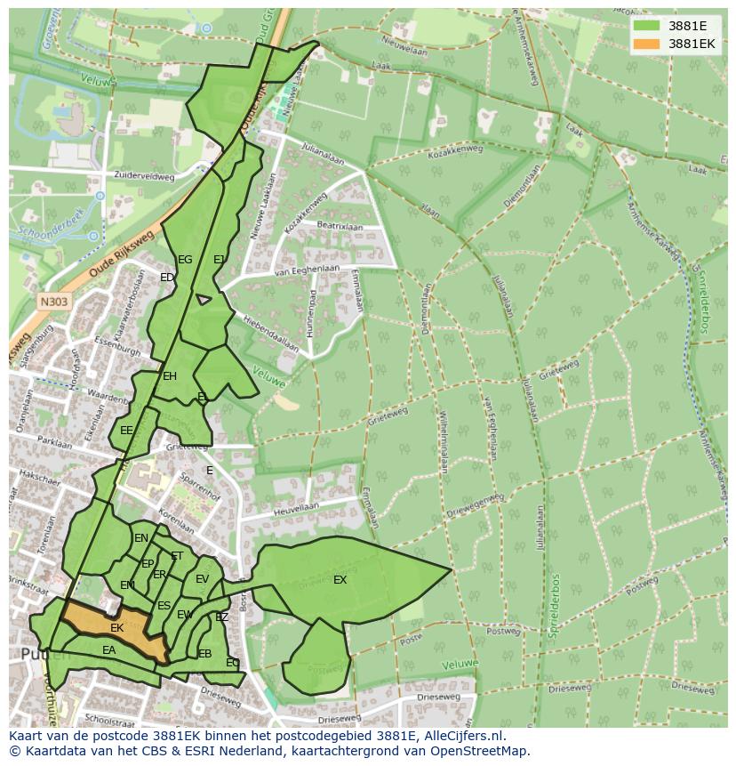 Afbeelding van het postcodegebied 3881 EK op de kaart.