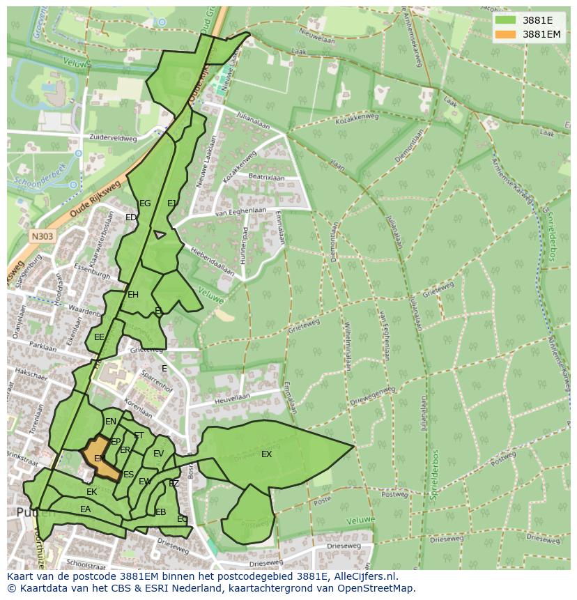 Afbeelding van het postcodegebied 3881 EM op de kaart.