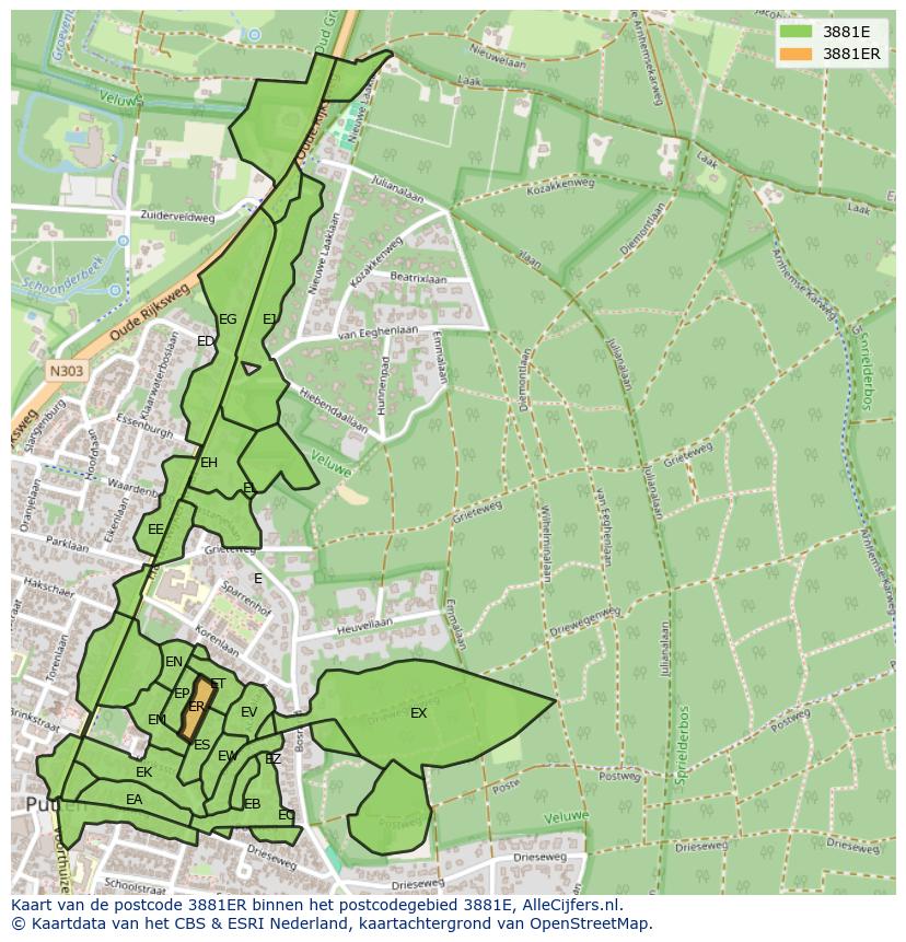 Afbeelding van het postcodegebied 3881 ER op de kaart.