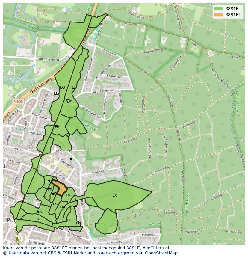 Afbeelding van het postcodegebied 3881 ET op de kaart.