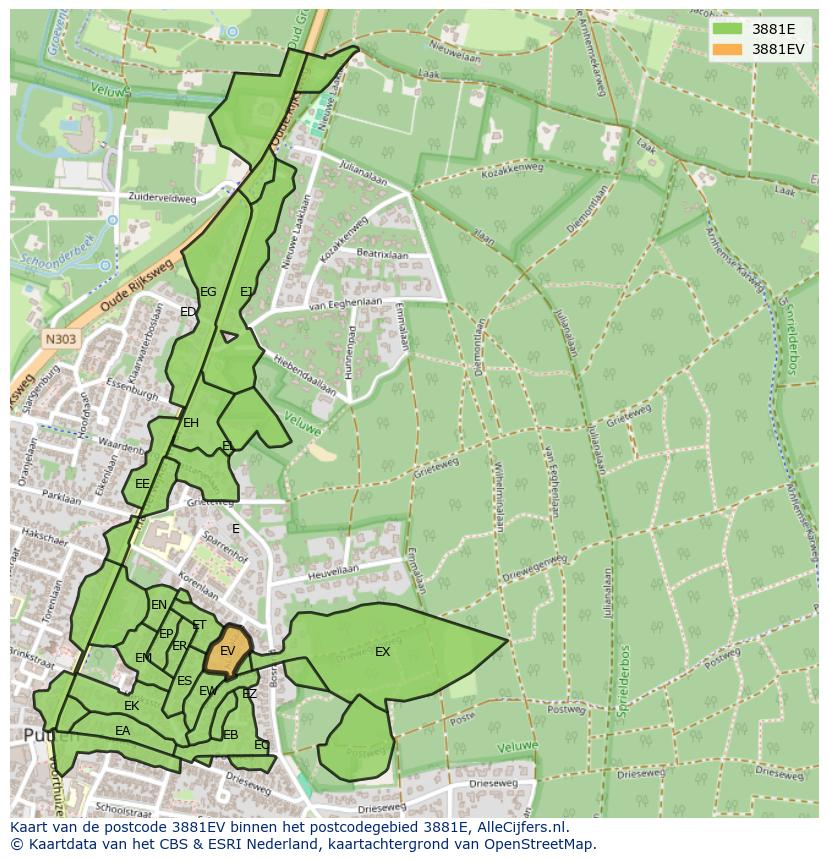 Afbeelding van het postcodegebied 3881 EV op de kaart.