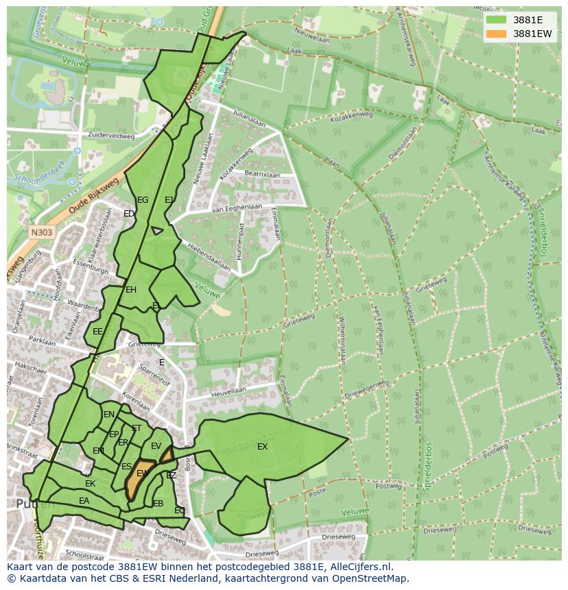 Afbeelding van het postcodegebied 3881 EW op de kaart.