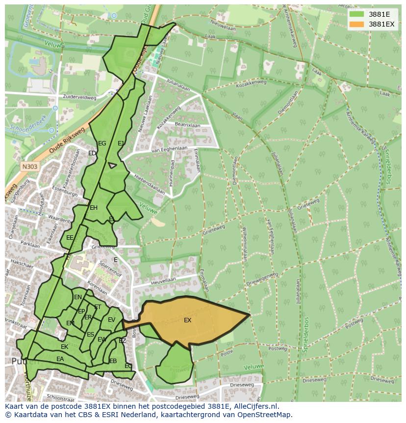 Afbeelding van het postcodegebied 3881 EX op de kaart.