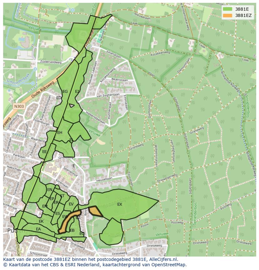 Afbeelding van het postcodegebied 3881 EZ op de kaart.