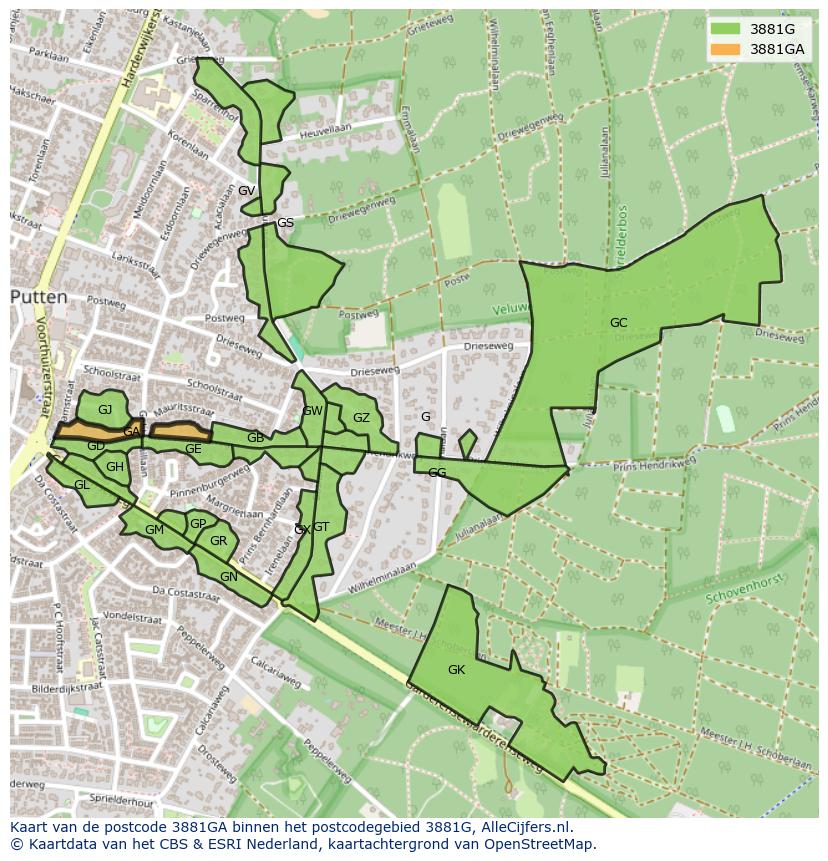 Afbeelding van het postcodegebied 3881 GA op de kaart.