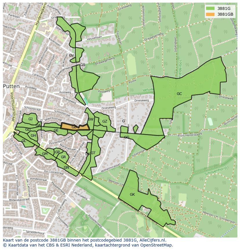 Afbeelding van het postcodegebied 3881 GB op de kaart.