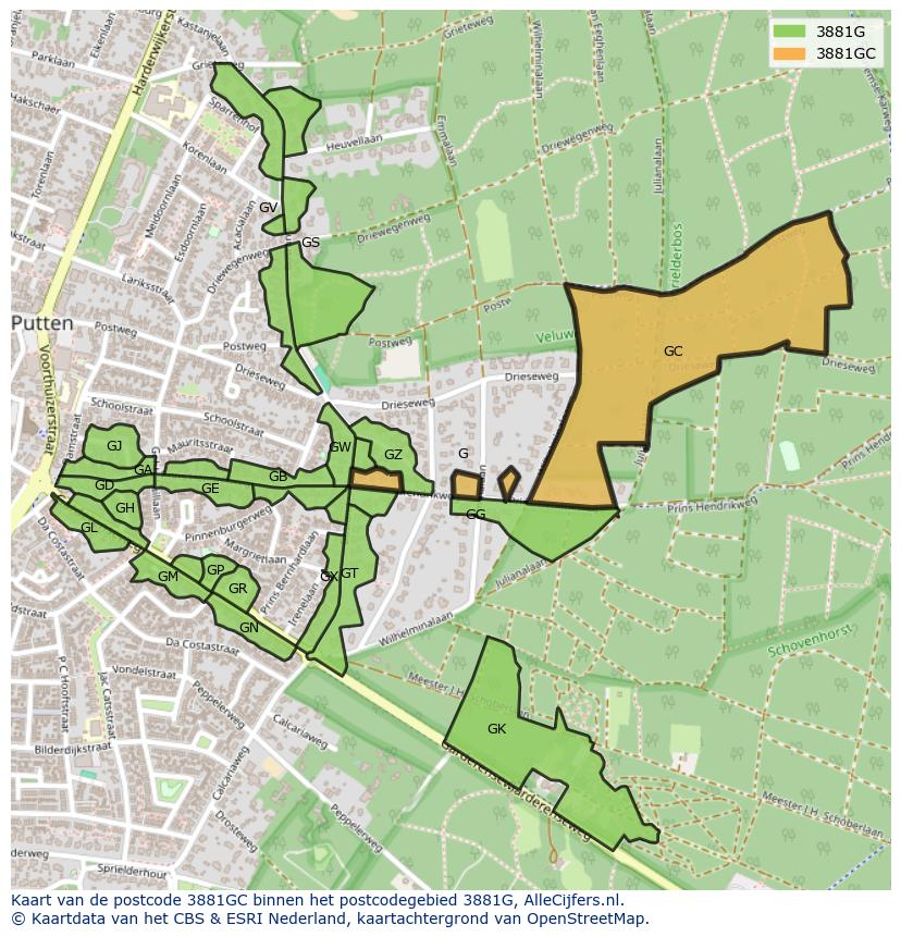 Afbeelding van het postcodegebied 3881 GC op de kaart.