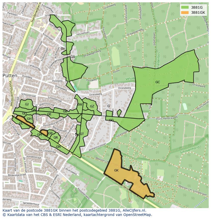 Afbeelding van het postcodegebied 3881 GK op de kaart.