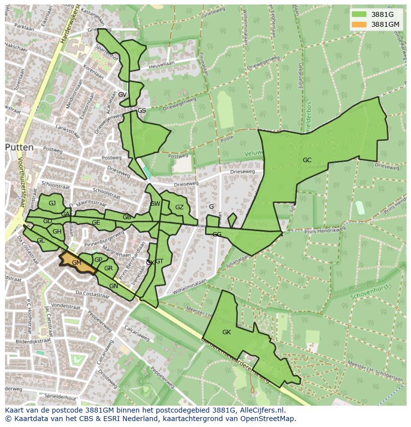 Afbeelding van het postcodegebied 3881 GM op de kaart.