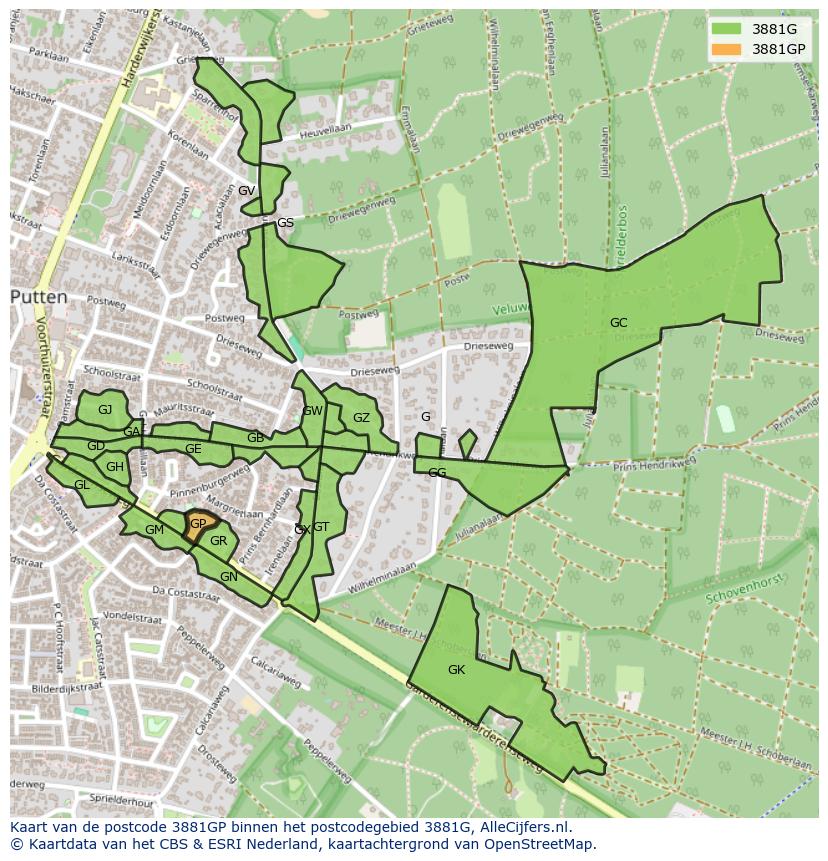 Afbeelding van het postcodegebied 3881 GP op de kaart.
