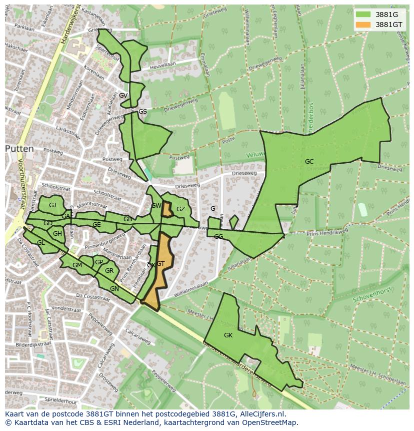 Afbeelding van het postcodegebied 3881 GT op de kaart.