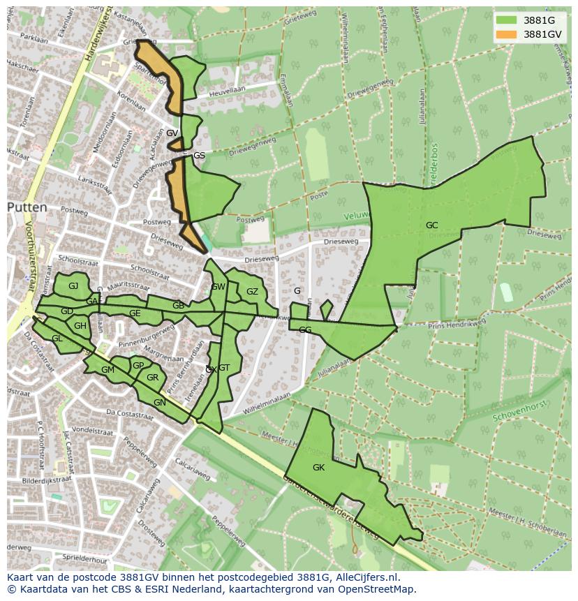 Afbeelding van het postcodegebied 3881 GV op de kaart.