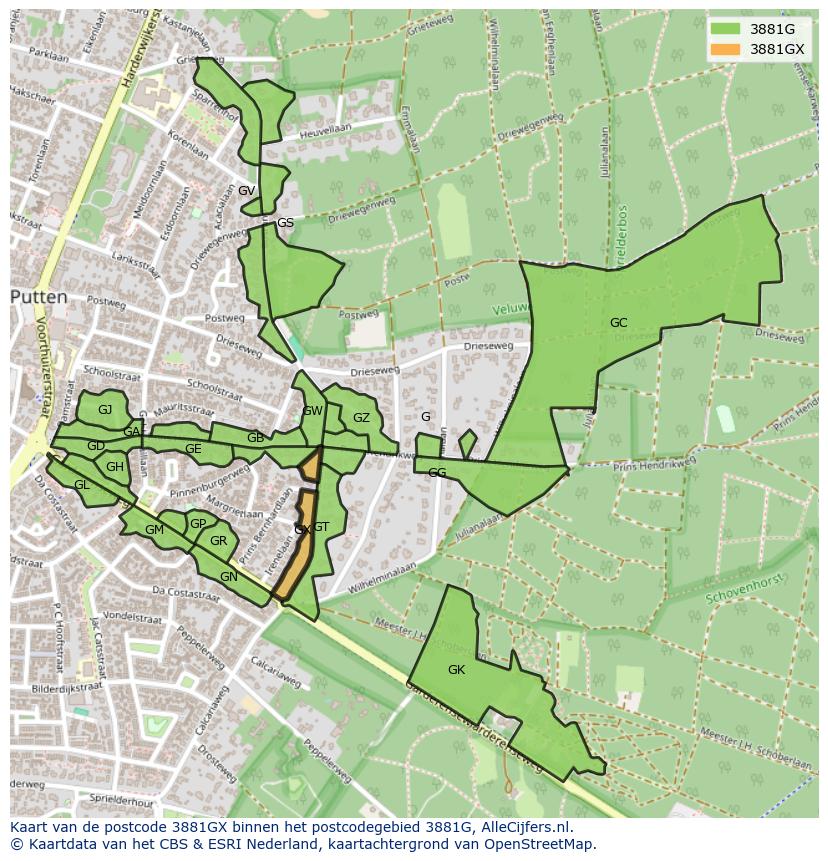 Afbeelding van het postcodegebied 3881 GX op de kaart.