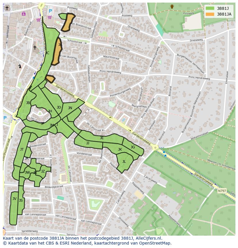 Afbeelding van het postcodegebied 3881 JA op de kaart.