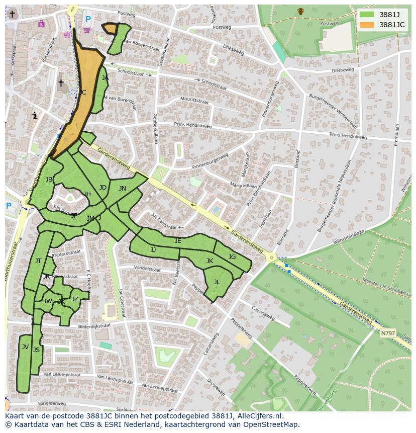 Afbeelding van het postcodegebied 3881 JC op de kaart.