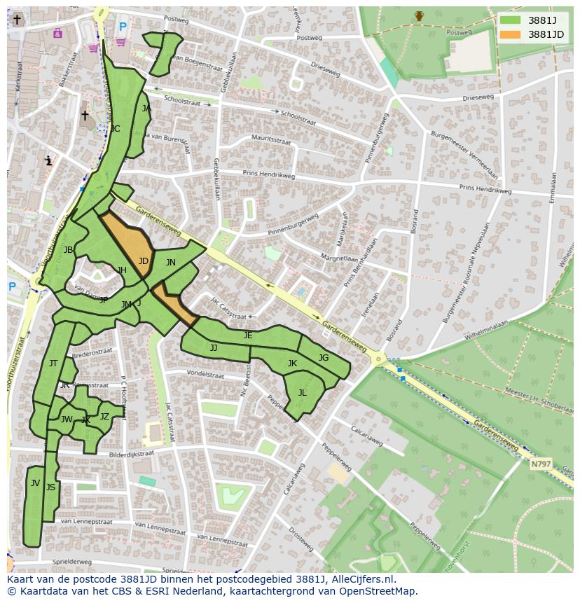 Afbeelding van het postcodegebied 3881 JD op de kaart.