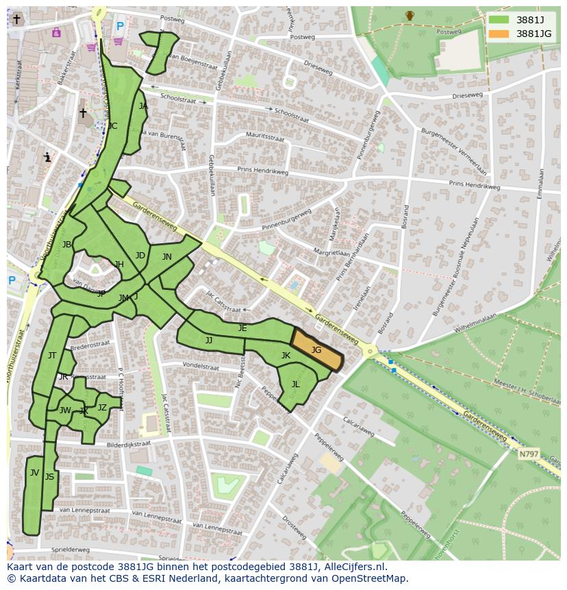 Afbeelding van het postcodegebied 3881 JG op de kaart.