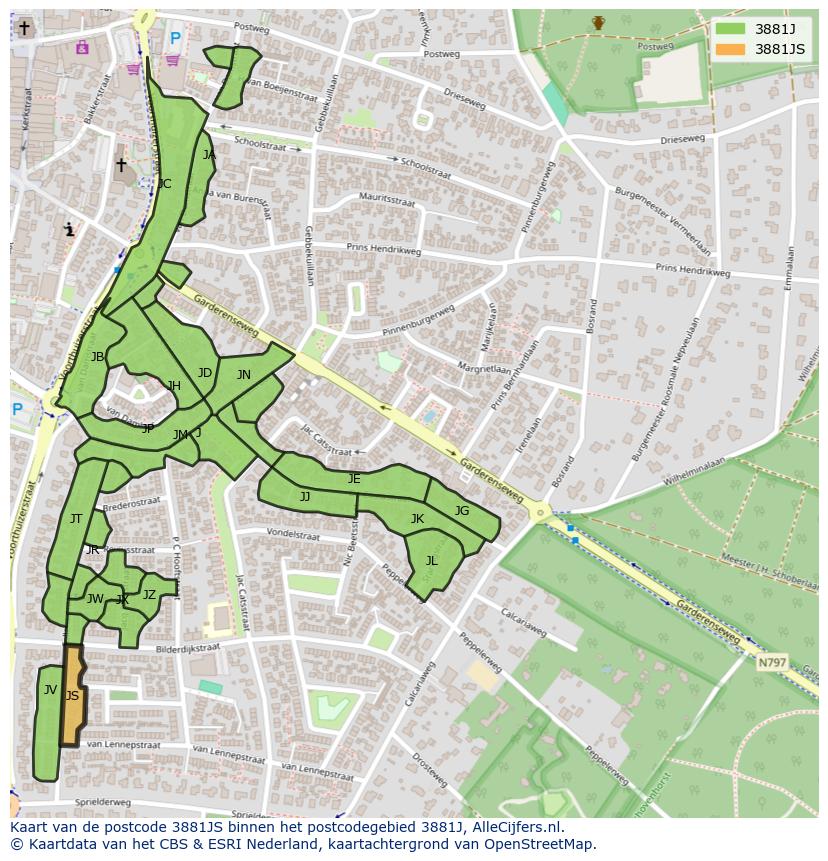 Afbeelding van het postcodegebied 3881 JS op de kaart.