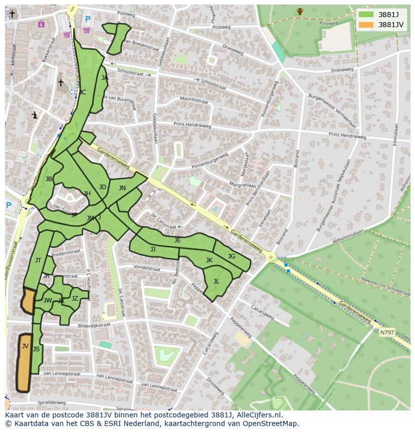 Afbeelding van het postcodegebied 3881 JV op de kaart.