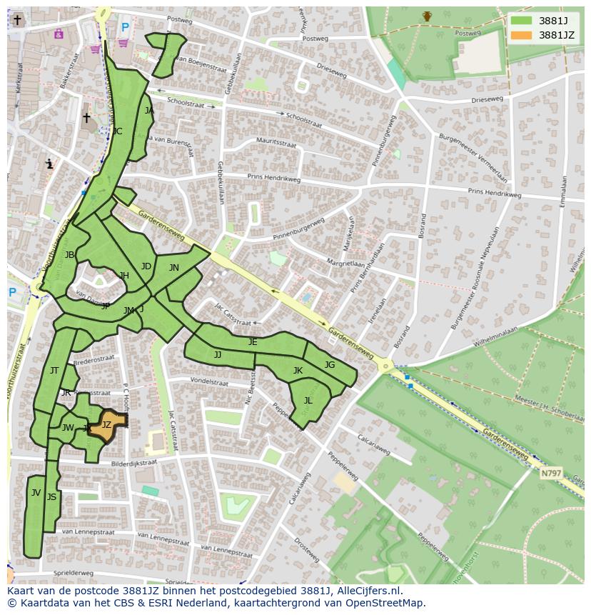 Afbeelding van het postcodegebied 3881 JZ op de kaart.