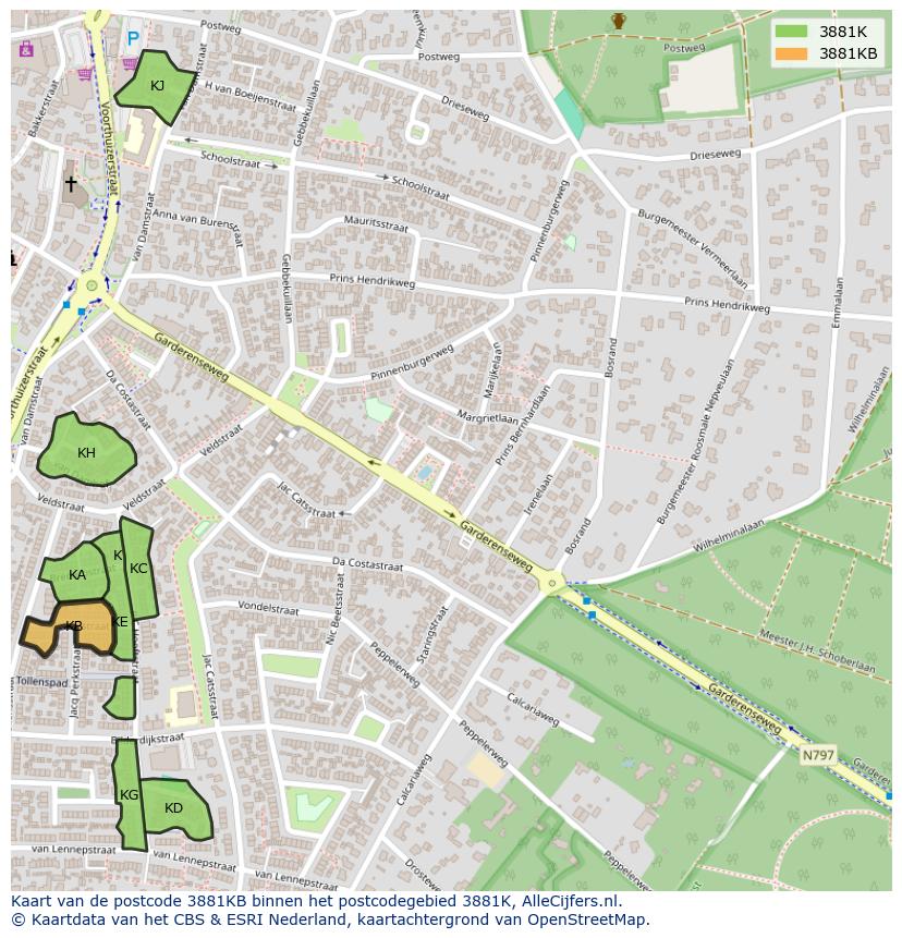 Afbeelding van het postcodegebied 3881 KB op de kaart.
