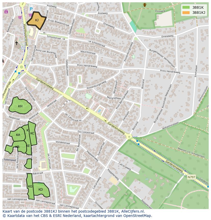 Afbeelding van het postcodegebied 3881 KJ op de kaart.