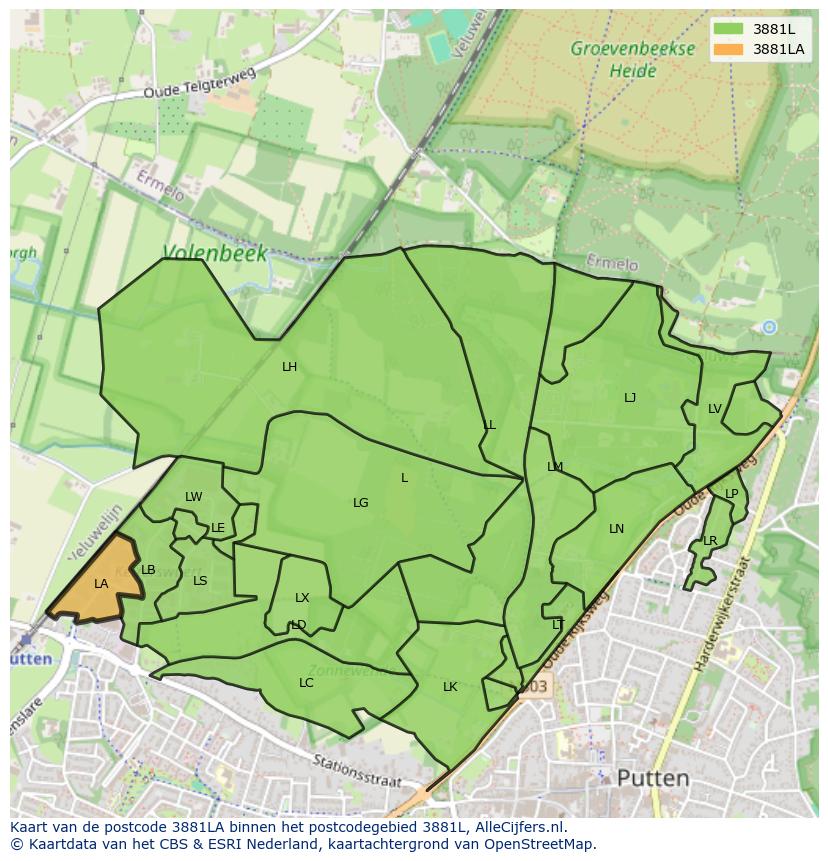 Afbeelding van het postcodegebied 3881 LA op de kaart.